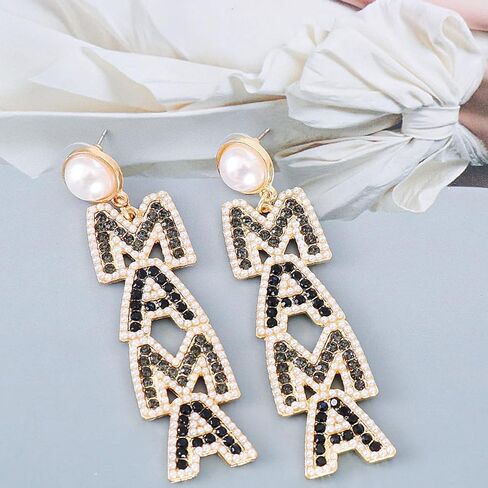 Elegant Shining Rhinestone Crystal Beaded MAMA Letter Drop Dangle Long Imitation Pearl Earrings Mother's Day Birthday Sweet Jewelry for Women Teens in Saudi Arabia