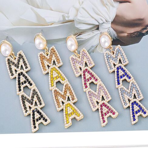 Elegant Shining Rhinestone Crystal Beaded MAMA Letter Drop Dangle Long Imitation Pearl Earrings Mother's Day Birthday Sweet Jewelry for Women Teens in Saudi Arabia