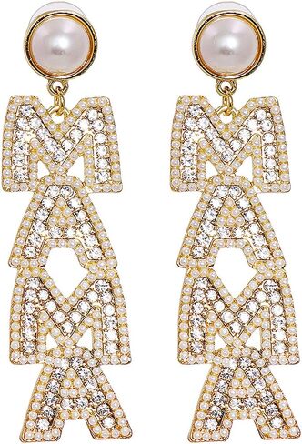 Elegant Shining Rhinestone Crystal Beaded MAMA Letter Drop Dangle Long Imitation Pearl Earrings Mother's Day Birthday Sweet Jewelry for Women Teens in Saudi Arabia