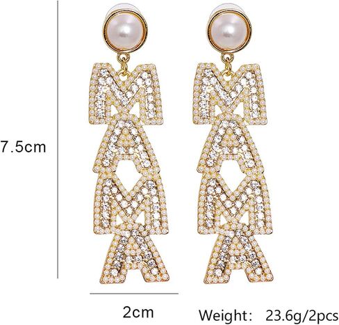 Elegant Shining Rhinestone Crystal Beaded MAMA Letter Drop Dangle Long Imitation Pearl Earrings Mother's Day Birthday Sweet Jewelry for Women Teens in Saudi Arabia