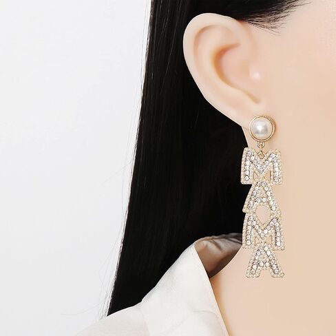 Elegant Shining Rhinestone Crystal Beaded MAMA Letter Drop Dangle Long Imitation Pearl Earrings Mother's Day Birthday Sweet Jewelry for Women Teens in Saudi Arabia