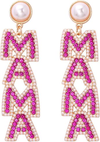 Elegant Shining Rhinestone Crystal Beaded MAMA Letter Drop Dangle Long Imitation Pearl Earrings Mother's Day Birthday Sweet Jewelry for Women Teens in Saudi Arabia