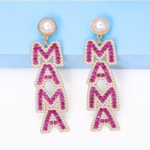 Elegant Shining Rhinestone Crystal Beaded MAMA Letter Drop Dangle Long Imitation Pearl Earrings Mother's Day Birthday Sweet Jewelry for Women Teens in Saudi Arabia