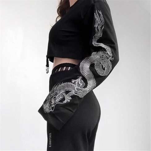 قمصان نسائية قصيرة على الطراز القوطي قمصان البانك Steampunk Y2k بأكمام طويلة زي الساحرة بلوزة Alt Black Rave Top ملابس Emo in Kuwait
