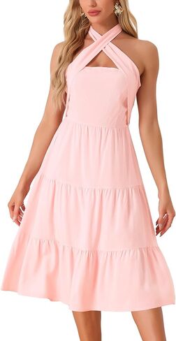 Allegra K Halterneck Smocked Dress for Women's Sleeveless Tiered Slim Fit Party Cocktail Dresses in Saudi Arabia