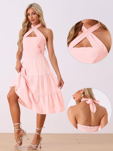 Allegra K Halterneck Smocked Dress for Women's Sleeveless Tiered Slim Fit Party Cocktail Dresses in Saudi Arabia