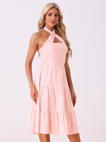 Allegra K Halterneck Smocked Dress for Women's Sleeveless Tiered Slim Fit Party Cocktail Dresses in Saudi Arabia