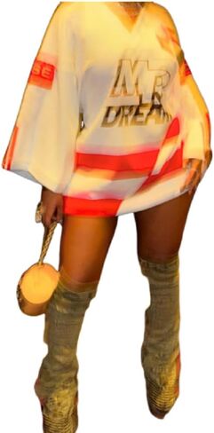 Suillty Women's Contrast Letter Print Long Sleeve Loose T-Shirt Y2k V-Neck Oversized Shirt Dress in Kuwait