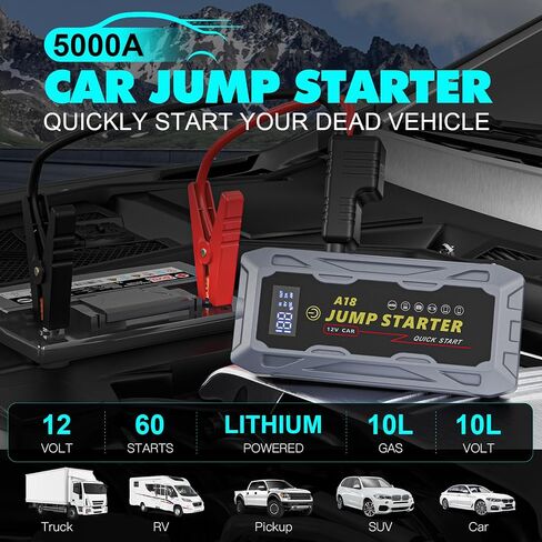 A18 Jump Starter 5000A Peak car Starter (جميع الغازات، محرك ديزل يصل إلى 10.0 لتر) صندوق قفز ليثيوم فائق الأمان 12 فولت، بنك طاقة محمول مع شحن USB سريع QC3.0 ومنفذ من النوع C. in Saudi Arabia