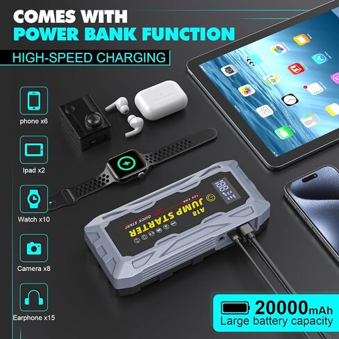 A18 Jump Starter 5000A Peak car Starter (جميع الغازات، محرك ديزل يصل إلى 10.0 لتر) صندوق قفز ليثيوم فائق الأمان 12 فولت، بنك طاقة محمول مع شحن USB سريع QC3.0 ومنفذ من النوع C. in Saudi Arabia