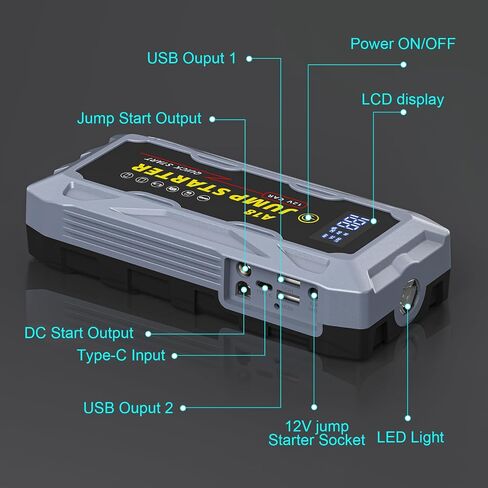 A18 Jump Starter 5000A Peak car Starter (جميع الغازات، محرك ديزل يصل إلى 10.0 لتر) صندوق قفز ليثيوم فائق الأمان 12 فولت، بنك طاقة محمول مع شحن USB سريع QC3.0 ومنفذ من النوع C. in Saudi Arabia