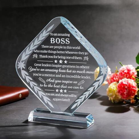 Movdyka Boss Gifts for Men Women Lady, Best Retirement Birthday Gifts for Boss, Crystal Engraved Plaque Office Decor, Great Going Away Boss Day Appreciation to My Boss in Saudi Arabia