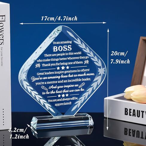 Movdyka Boss Gifts for Men Women Lady, Best Retirement Birthday Gifts for Boss, Crystal Engraved Plaque Office Decor, Great Going Away Boss Day Appreciation to My Boss in Saudi Arabia