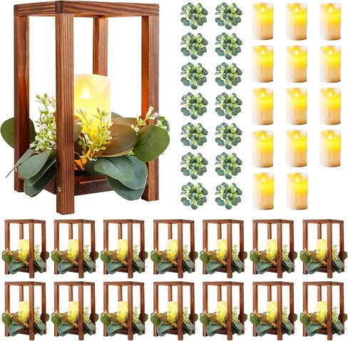 18 مجموعة/54 قطعة من قطعة فانوس الزفاف الخشبية المركزية تتضمن 18 حامل شموع فانوس خشبي و18 شمعة LED و18 إكليل من أوراق الأوكالبتوس لحفلات الزفاف وحفلات استقبال المولود الجديد وديكور المزرعة in Kuwait