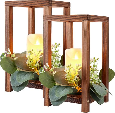 18 مجموعة/54 قطعة من قطعة فانوس الزفاف الخشبية المركزية تتضمن 18 حامل شموع فانوس خشبي و18 شمعة LED و18 إكليل من أوراق الأوكالبتوس لحفلات الزفاف وحفلات استقبال المولود الجديد وديكور المزرعة in Kuwait