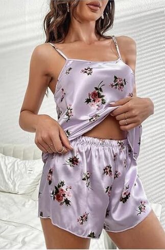 Women's Floral Print Satin Cami Top with Shorts Pj Set in Saudi Arabia