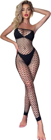 SHENHE Women's Mesh Fishnet Rhinestone Bodystocking Lingerie Bralette and Tights Set Strapless Black one-Size in Saudi Arabia