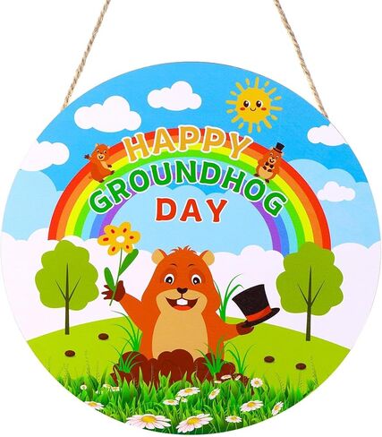 Groundhog Day Decorations Sign 12" Welcome Sign for Front Door Decoration Round Wooden Groundhog Hanging Door Sign Plaque for Groundhog Day Party Supplies Porch Wall Decor in Kuwait