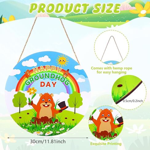 Groundhog Day Decorations Sign 12" Welcome Sign for Front Door Decoration Round Wooden Groundhog Hanging Door Sign Plaque for Groundhog Day Party Supplies Porch Wall Decor in Kuwait