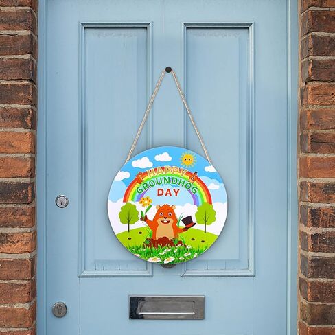 Groundhog Day Decorations Sign 12" Welcome Sign for Front Door Decoration Round Wooden Groundhog Hanging Door Sign Plaque for Groundhog Day Party Supplies Porch Wall Decor in Kuwait