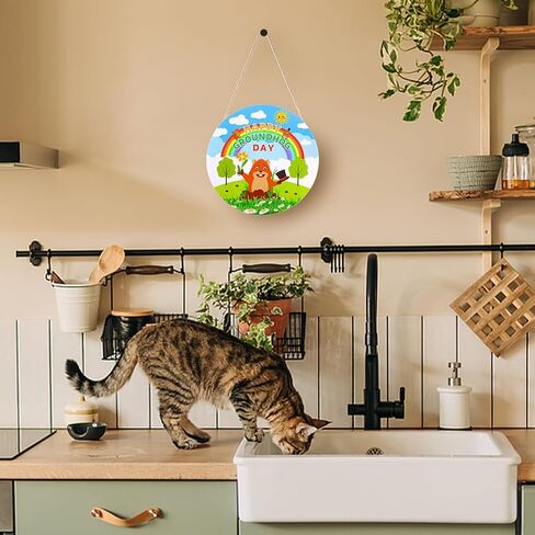 Groundhog Day Decorations Sign 12" Welcome Sign for Front Door Decoration Round Wooden Groundhog Hanging Door Sign Plaque for Groundhog Day Party Supplies Porch Wall Decor in Kuwait