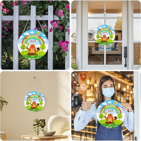 Groundhog Day Decorations Sign 12" Welcome Sign for Front Door Decoration Round Wooden Groundhog Hanging Door Sign Plaque for Groundhog Day Party Supplies Porch Wall Decor in Kuwait