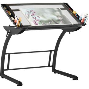 SD STUDIO DESIGNS Triflex Drawing Table, Sit to Stand Up Adjustable Office Home Computer Desk, 35.25" W X 23.5" D, Charcoal Black/Clear Glass