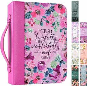 Bible Covers Case for Women Large Leather Bible Carrying Cases Holder Pink 10.8"x7.8"x2" Floral Bible Carrier Tote Bags with Bookmarks Handles Pockets Christian Bible Book Accessories Gifts