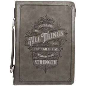 Christian Art Gifts Protective Gray Faux Leather Classic Bible Cover Carry Case: All Things Through Christ - Philippians 4:13 Bible Verse with Zipper and Pocket, Large