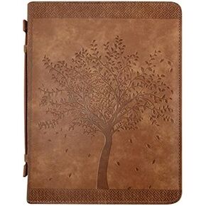 ‘Angel Treasures’ Bible Cover with Engraved Tree of Life Design| Genuine Faux PU Leather Book Protector Case with Handle, Zipper, Pockets & Pen Slots