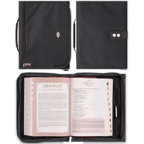 Christian Art Gifts Grace Badge Floral Women's Tri-Fold Organizer Bible Cover Zipper Closure, Purple Canvas, Large