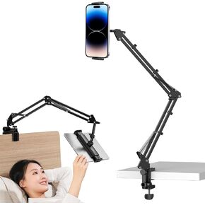 ULANZI T2 Adjustable Tablet Holder for Desk, Carbon Steel Tablet Phone Stand for Bed, Flexible Tablet Arm Clamp Compatible with iPhone 15 Pro iPad Kindle Galaxy Tab 4.6-12.9 Inch Devices