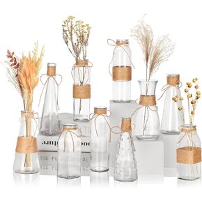 Nilos 10pcs Small Bud Glass Vases for Centerpieces Wedding Decorations, Clear Vases for Flowers, Mini Vintage Glass Flower Vase with Rope Design and Differing Shapes for Farmhouse Home Decoration