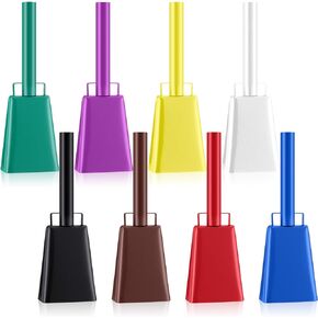 8 قطع من أجراس البقر الكبيرة المصنوعة من الفولاذ من Hicarer مع مقبض، أجراس بقر يدوية متعددة الألوان، صانعة ضوضاء عالية للأحداث الرياضية، وألعاب كرة القدم، وألعاب كرة القدم، والتخرج، والمزرعة، والمزرعة in Kuwait