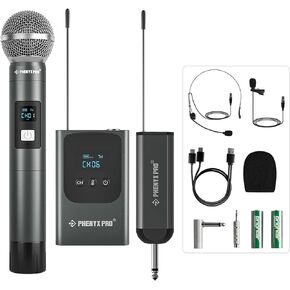Phenyx Pro Dual Digital Wireless Microphone System, w/Handheld Dynamic Microphone, Bodypack Transmitter, Mini Receiver, 2x15 UHF Frequencies, Headset/Lapel Microphone for Singing (PDP-2-1H1B)