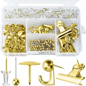 Gold Push Pin Kit 310 Pcs Decorative Thumb Tacks with Push Pin Hook Pushpin for Cork Board Bulletin Board Office Wall - 5 Style