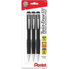 Pentel Mechanical Pencil 0.9 mm Twist Erase III - Twist Up Eraser - Pre-Loaded Super Hi-Polymer HB Lead - Black Barrel - 3-Pack - Thick Point