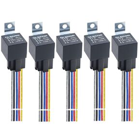 5 Pack 5-PIN Fire Retardant Relay with Harness 40 AMP 14AWG 12V DC 5Pin 30/40A 12V with Interlocking Relay Socket and Wiring Harness Relay Harness Spdt 12V Volt Relay with Wiring Harness