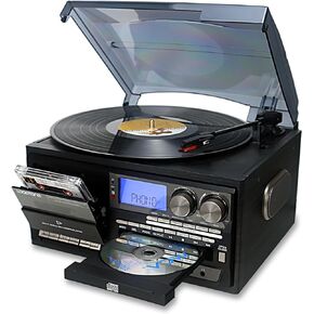 LoopTone Vinyl Record Player 10 in 1 3 Speed Bluetooth Vintage Turntable CD Cassette Player AM/FM Radio USB Recorder Aux-in RCA Line-Outt (Black-Grey)