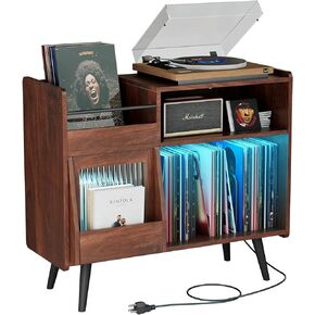 yacchi home Large Record Player Stand, 350 Vinyl Record Storage Holder, Record Player Table with Power Outlet and LED Light, Record Storage Turntable Stand Wood Cabinet for Living Room,Office