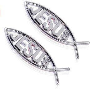 2pcs Jesus Fish Decal Sticker Silver,3D Car Chrome Decal Emblem Sticker Religious God for Jesus Christian Fish Symbol