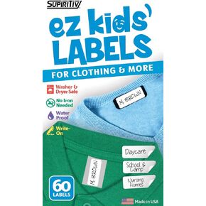 Ez Kids Clothing Labels Self-Stick No-Iron Write-On | Great for Children & Adults | Washer & Dryer Safe | School, Camp, Nursing Care, Toys, Organizing, All Purpose | 1 Sheet of 60 Blank Labels