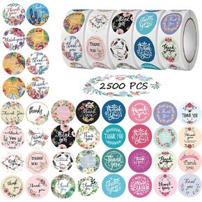 Thank You Stickers Rolls 2500 Pcs - 1 Inch Floral Designs Thank You Stickers Labels for Baking Packaging Envelope Seals Small Business Flower Stickers Tags for Wedding Birthday Party Gift Wrap Bag