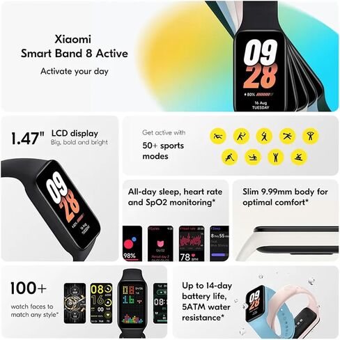 Xiaomi Smart Band 8 Active Fitness Tracker & Activity Tracker with 1.47" LCD Display, 14-Day Battery Life, Blood Oxygen, Heart Rate, Sleep & Stress Monitoring, Fitness Watch for Men Women in Saudi Arabia