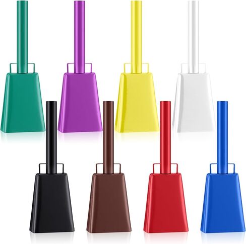 8 قطع من أجراس البقر الكبيرة المصنوعة من الفولاذ من Hicarer مع مقبض، أجراس بقر يدوية متعددة الألوان، صانعة ضوضاء عالية للأحداث الرياضية، وألعاب كرة القدم، وألعاب كرة القدم، والتخرج، والمزرعة، والمزرعة in Kuwait