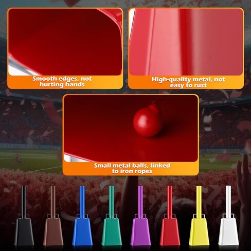 8 قطع من أجراس البقر الكبيرة المصنوعة من الفولاذ من Hicarer مع مقبض، أجراس بقر يدوية متعددة الألوان، صانعة ضوضاء عالية للأحداث الرياضية، وألعاب كرة القدم، وألعاب كرة القدم، والتخرج، والمزرعة، والمزرعة in Kuwait