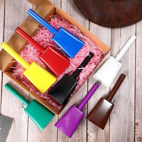 8 قطع من أجراس البقر الكبيرة المصنوعة من الفولاذ من Hicarer مع مقبض، أجراس بقر يدوية متعددة الألوان، صانعة ضوضاء عالية للأحداث الرياضية، وألعاب كرة القدم، وألعاب كرة القدم، والتخرج، والمزرعة، والمزرعة in Kuwait