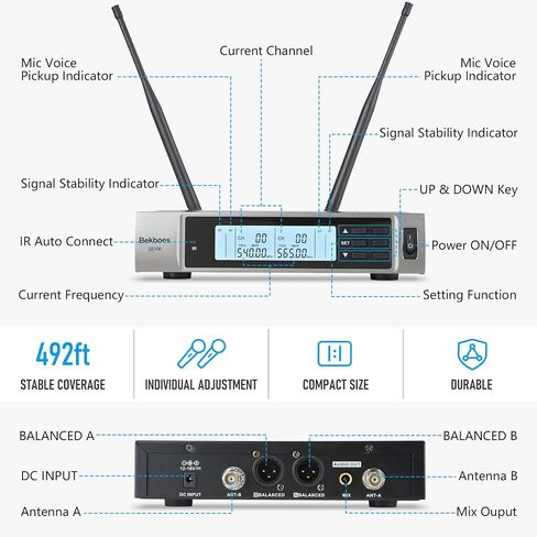 نظام ميكروفون لاسلكي احترافي مزدوج ديناميكي UHF من BEKBOES، ميكروفون لاسلكي محمول، نطاق 492 قدم للكاريوكي المنزلي/الاجتماع/الحفلة/الكنيسة/الزفاف SE1 in Saudi Arabia