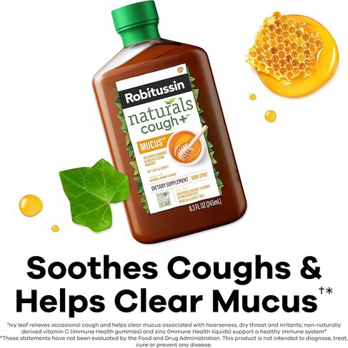 Robitussin Naturals Honey and Ivy Leaf Dietary Supplement Relieves Occasional Cough Associated with Hoarseness, Dry Throat, and Irritants, 8.3 oz in Kuwait