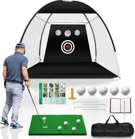 DCutie Golf Hitting Net with Target, 10ft x 7ft Golf Net for Backyard Practice, Black Golf Nets for Driving Real Golf Balls, Includes Mat, Balls, Tee, Bag, Score Notebook & Pencil in Saudi Arabia